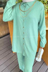 Lamelif Kolyeli Bürümcük Tesettür Takım Çağla Yeşili