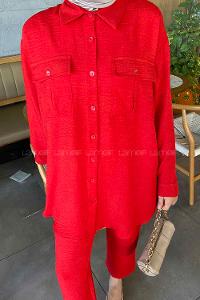 Red Shirt Collar Long Arm Without Accessories Viscose Fabric Regular Trousers Comfortable Suit