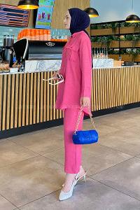 Pink Shirt Collar Long Arm Without Accessories Viscose Fabric Regular Trousers Comfortable Suit