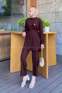Bitter Brown Shirt Collar Long Arm Belted Linen Flared Trousers Comfortable Suit