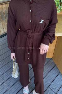 Bitter Brown Shirt Collar Long Arm Belted Linen Flared Trousers Comfortable Suit