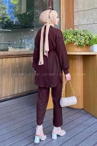 Bitter Brown Shirt Collar Long Arm Belted Linen Flared Trousers Comfortable Suit