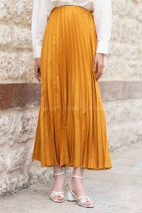 Ocher Cotton Fabric Unprinted Pleated Skirt