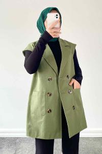 Khaki Shirt Collar Zero Arm Linen Jacket