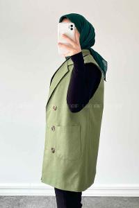 Khaki Shirt Collar Zero Arm Linen Jacket