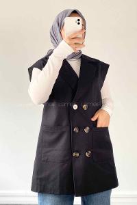 Black Shirt Collar Zero Arm Linen Jacket