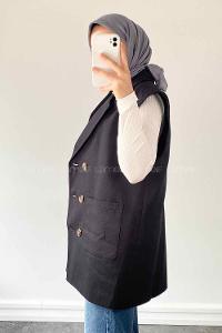 Black Shirt Collar Zero Arm Linen Jacket