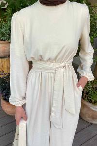 Modalamelif Bel Lastikli Ayrobin Tulum Krem Rengi