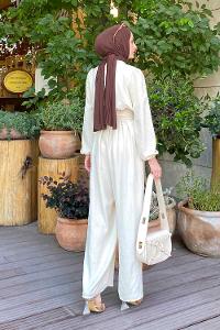 Modalamelif Bel Lastikli Ayrobin Tulum Krem Rengi