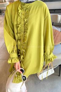 Pistachio Green Mandarin Collar Cotton Unprinted Tunic