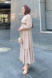 Beige Medium Crew Neck Cotton Fabric Unprinted Dresess