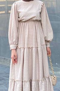 Beige Medium Crew Neck Cotton Fabric Unprinted Dresess