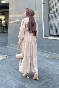 Beige Medium Crew Neck Cotton Fabric Unprinted Dresess