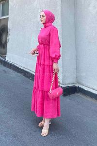 Fuchsia Medium Crew Neck Cotton Fabric Unprinted Dresess