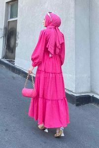 Fuchsia Medium Crew Neck Cotton Fabric Unprinted Dresess