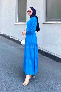 Blue Medium Crew Neck Cotton Fabric Unprinted Dresess