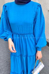 Blue Medium Crew Neck Cotton Fabric Unprinted Dresess