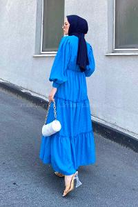 Blue Medium Crew Neck Cotton Fabric Unprinted Dresess