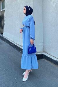 Modalamelif Beli Zincir Kemerli Elbise Açık Mavi