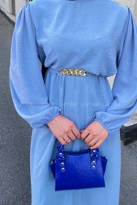 Modalamelif Beli Zincir Kemerli Elbise Açık Mavi