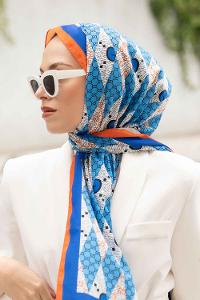 Lamelif Gücci Desen Mos Serisi Şal Oranj-Mavi