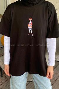 Black Crew Neck Short Arm Cotton Printed T-shirt