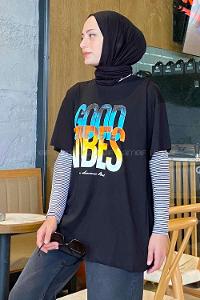 Black Crew Neck Short Arm Cotton Printed T-shirt