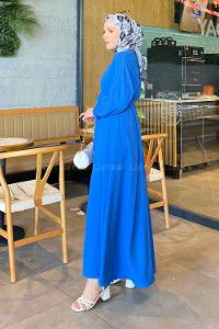 Blue Crew Neck Cotton Fabric Unprinted Dresess