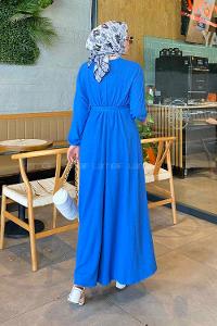 Blue Crew Neck Cotton Fabric Unprinted Dresess