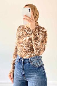Lamelif Bisiklet Yaka Ebru Desenli Body Karamel