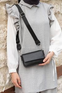 Lamelif Mini Kapaklı Hasır Askılı Kadın Çanta Siyah