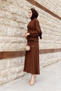 Bitter Brown Medium Crew Neck Long Arm Without Accessories Cotton Crepe Fabric Flare Suit