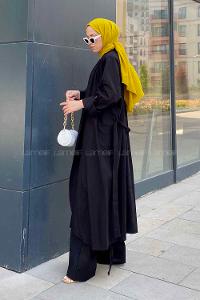 Black Scarf Neck Long Arm Linen Viscose Fabric Comfortable Suit