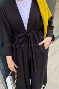 Black Scarf Neck Long Arm Linen Viscose Fabric Comfortable Suit