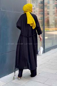 Black Scarf Neck Long Arm Linen Viscose Fabric Comfortable Suit
