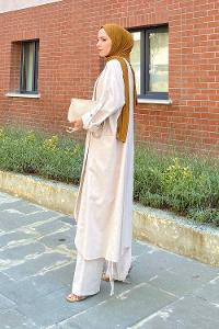 Stone Scarf Neck Long Arm Linen Viscose Fabric Comfortable Suit