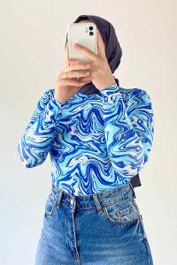 Lamelif Bisiklet Yaka Ebru Desenli Body Mavi