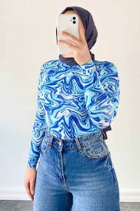 Lamelif Bisiklet Yaka Ebru Desenli Body Mavi