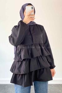 Black Mandarin Collar Linen Cotton Fabric Unprinted Tunic