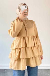 Brown With Milk Mandarin Collar Linen Cotton Fabric Unprinted Tunic