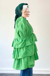 Green Mandarin Collar Linen Cotton Fabric Unprinted Tunic