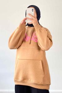 Brown With Milk Hood Neck Long Arm Printed Sweatshirt