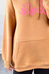 Brown With Milk Hood Neck Long Arm Printed Sweatshirt