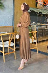 Lamelif Ndiaye   Piliseli Etek Tesettür Takım Kahverengi