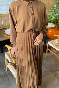 Lamelif Ndiaye   Piliseli Etek Tesettür Takım Kahverengi