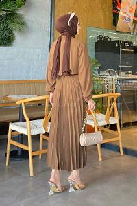 Lamelif Ndiaye   Piliseli Etek Tesettür Takım Kahverengi
