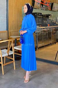 Blue Shirt Collar Long Arm Linen Cotton Pleated Suit