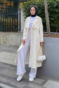 Cream Long Arm Belted Parachute Fabric Trench Coat