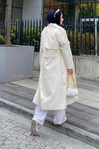 Cream Long Arm Belted Parachute Fabric Trench Coat