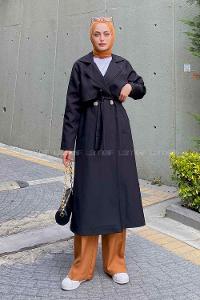 Lamelif Hector Çentik Yakalı Trençkot Siyah